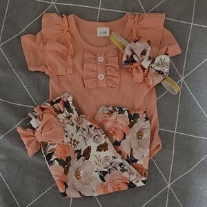 Peach Ruffled Baby Outfit with Floral Pants and Headband
